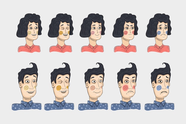 Vector woman and man with different facial expressions set isolated