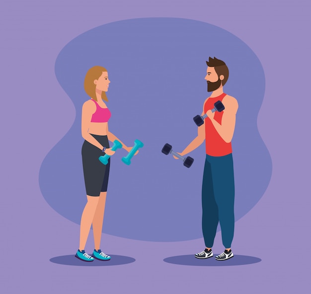 Woman and man with dumbbells to practice sport