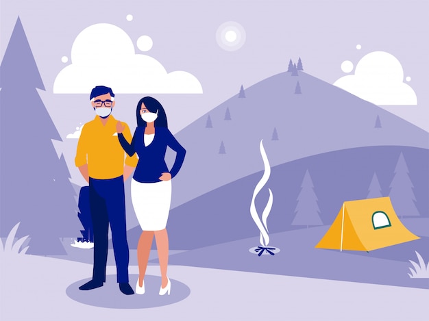 Vector woman and man with mask in front of landscape with camping tent