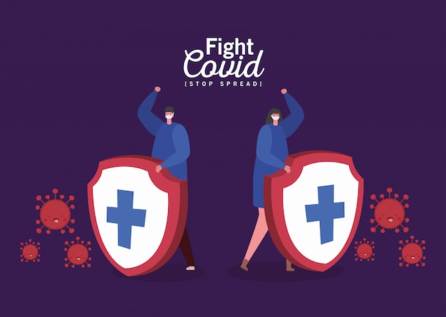 Woman and man with masks and shields with cross fight covid design