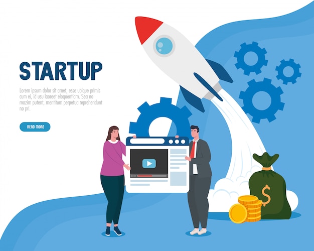 Woman and man with start up rocket and website vector design