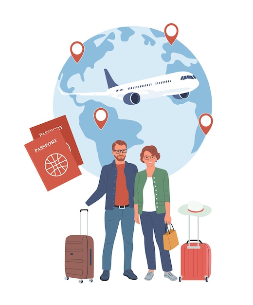 Woman and man with suitcases on the background of the globe and the plane