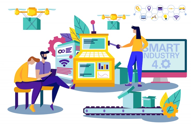 Vector woman and man work in workplace.
