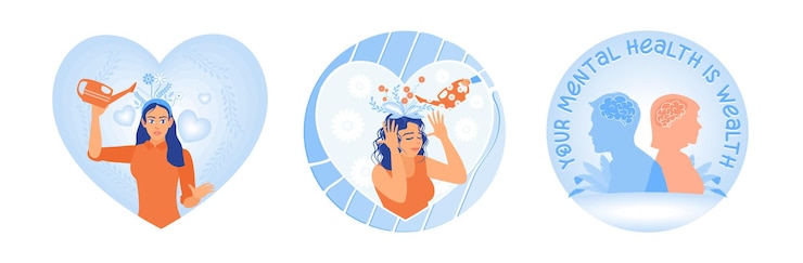 Vector woman manages mental health happy thoughtsmental health awareness and wellbeing