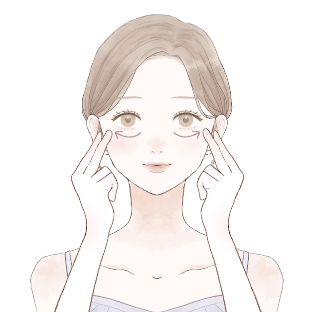 Woman massasing under eyes. On a white background.
