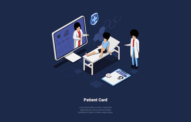 Woman in medical center has an online consultation with doctor patient with injured leg is talking with doctor on video call woman doctor inspects patient s card isometric 3d vector illustration