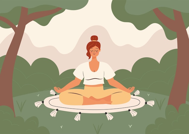 Vector woman meditates on a meadow in the park self time concept illustration