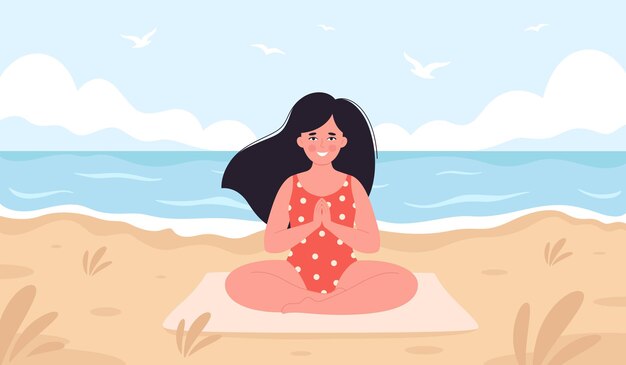 Woman meditating on beach Hello summer summer leisure vacation