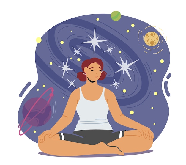 Donna che medita, personaggio femminile calmo che fa yoga asana nella posa del loto. zen, fusione con la natura, stile di vita sano rilassamento equilibrio emotivo e concetto di armonia. cartoon persone illustrazione vettoriale