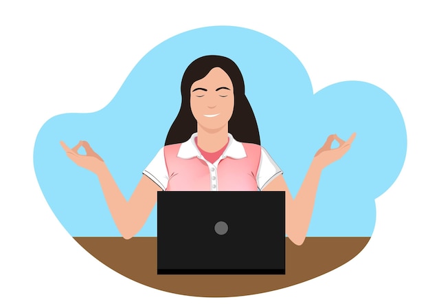 Woman meditating in front of a laptop in office clothes with her eyes closed Vector illustration in comic style isolated on white background