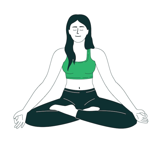 Woman meditating in lotus pose flat color linear vector character