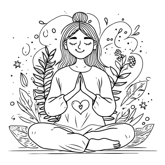 Woman meditating in the lotus position Black and white vector illustration