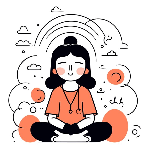 Woman meditating in lotus position in flat style