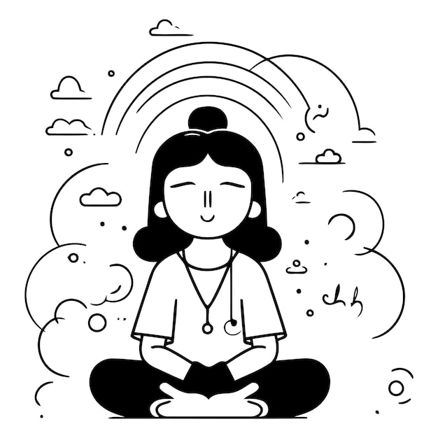 Woman meditating in lotus position in flat style