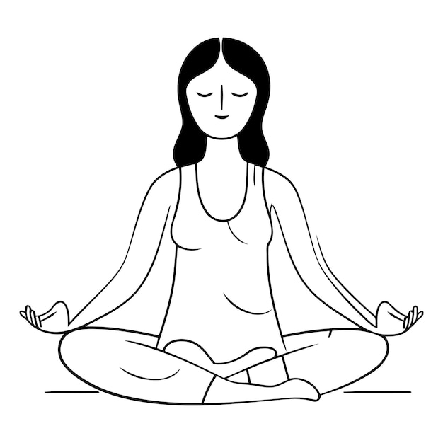 Woman meditating in lotus position in line art style