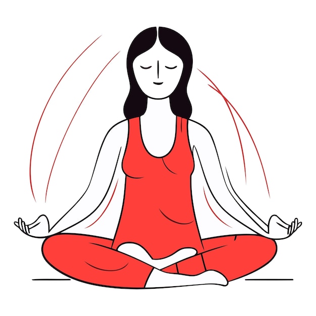 Woman meditating in lotus position in line art style