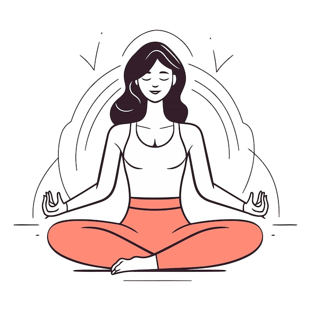 蓮の姿勢で瞑想する女性 ベクトルラインアートイラスト