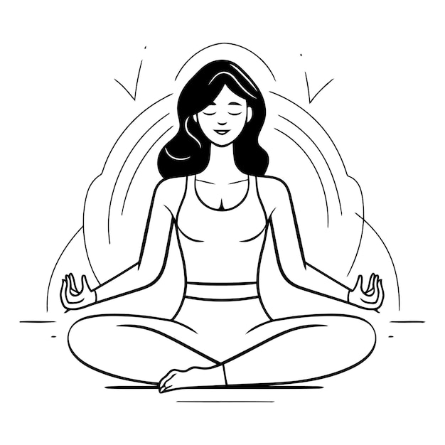 Woman meditating in lotus position Vector line art illustration