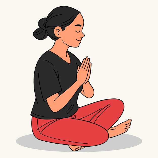 Woman meditating in lotus position with hands in prayer pose vector illustration