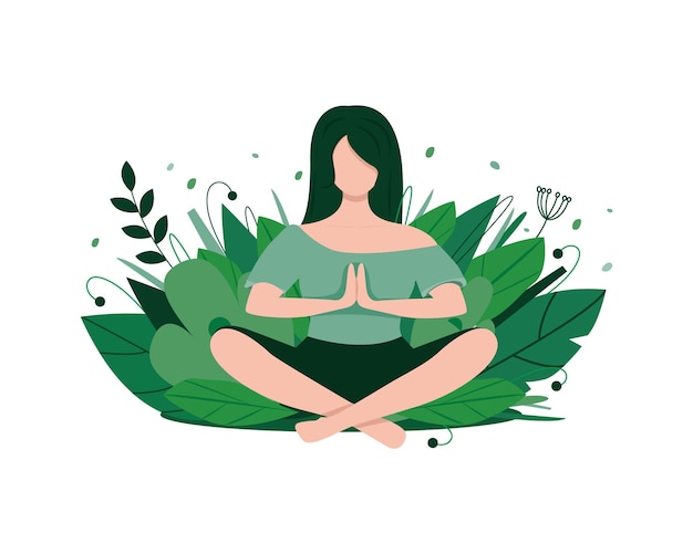 Vettore donna che medita in natura. illustrazione di concetto per yoga, meditazione, relax, stile di vita sano. design per pubblicità, banner, flyer, invito alla pratica spirituale. illustrazione vettoriale, piatto