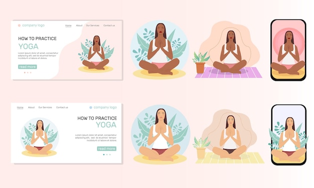 Woman meditating in nature and leaves and at home, Landing page illustration