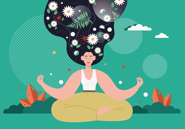 Woman meditating in nature vector illustration girl sitting in yoga position mindfulness relaxation ...