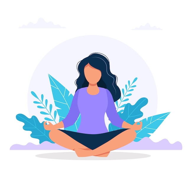 Vector woman meditating in nature.