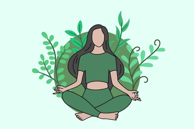 Donna che medita nello yoga pacifico e nello stile di vita sano meditazione persone posa spiritual relax design piatto cartone animato