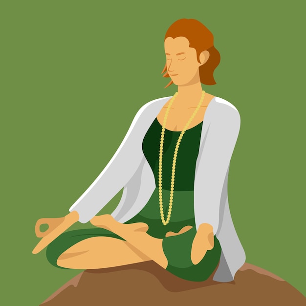 Woman meditating sitting on a rock with green background