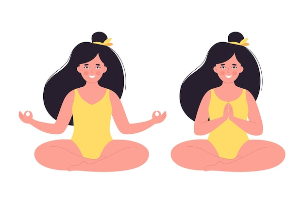 Vector woman meditating in swimsuit. healthy lifestyle, yoga, relax, breathing exercise. hello summer.