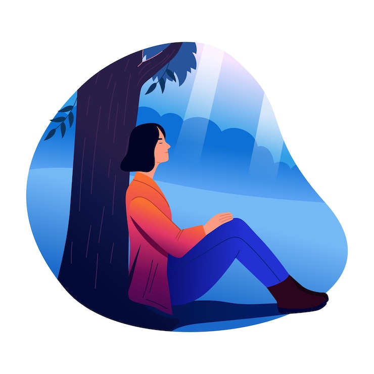 वेक्टर woman meditating under a tree in peaceful nature scene