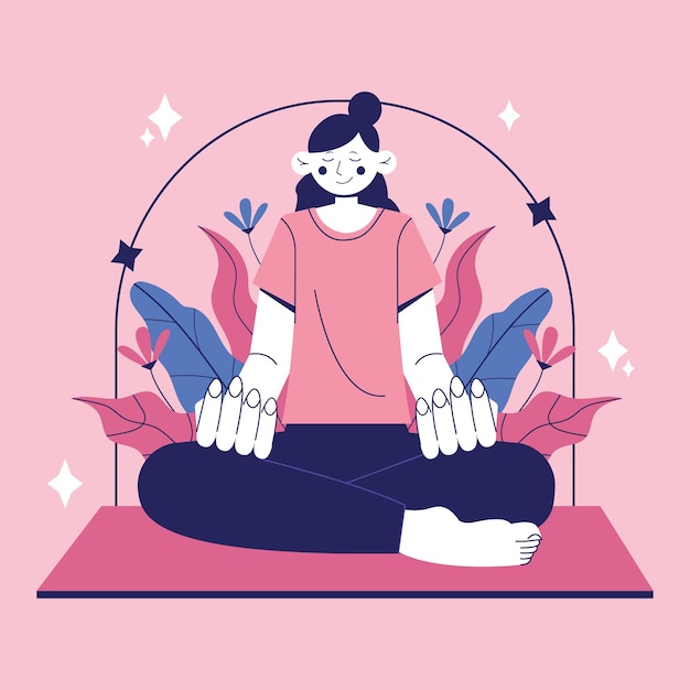 A woman meditating with a pink background