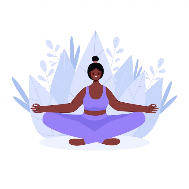Vettore donna che medita nella posa del loto di yoga. illustrazione di concetto per yoga, meditazione, relax, svago, stile di vita sano. attività femminili. illustrazione in stile cartone animato piatto.