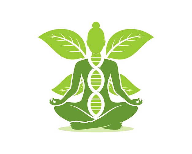 Woman meditation with green leaf wings