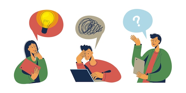 Woman and men with light bulb over their heads New idea brainstorming solution problem