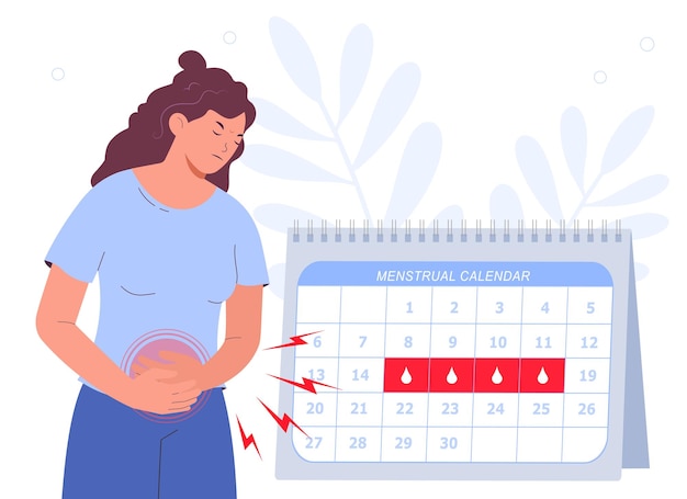 Woman and menstrual cycle calendar Woman having period pain menstrual cramps