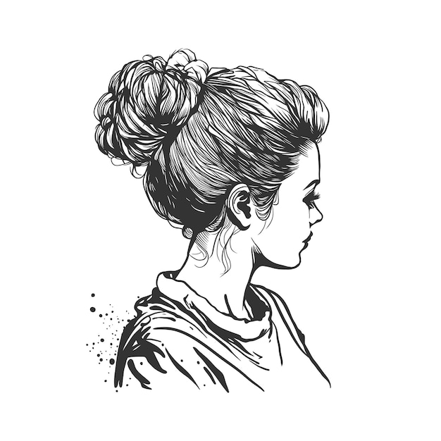 Woman messy bun hair style black and white vector illustration