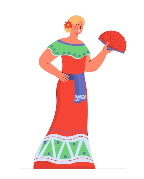 Woman in mexican clothes concept Young girl in red dress Person with hand fan Fashion and style Poster or banner for website Cartoon flat vector illustration isolated on white background