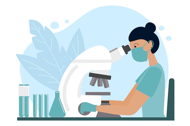 Woman microbiologist, microscope, test tubes and chemical flask. Laboratory concept. Illustration