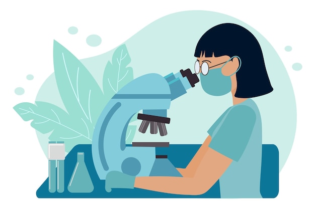Woman microbiologist, microscope, test tubes and chemical flask. Laboratory concept. Illustration