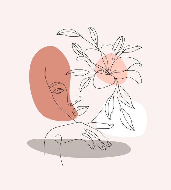 Vector woman and minimal flowers in one line art line style