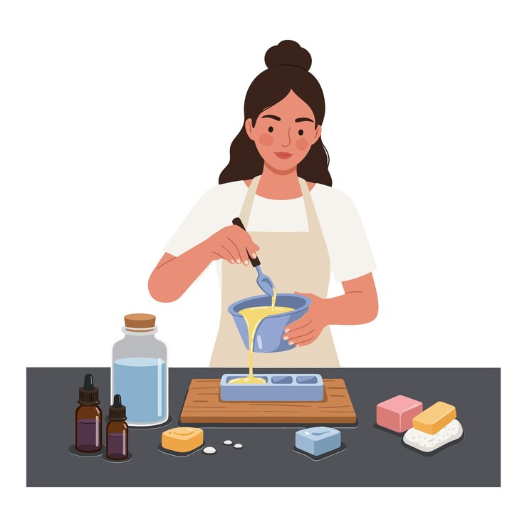 Vector woman mixing ingredients for soap making in flat vector illustration