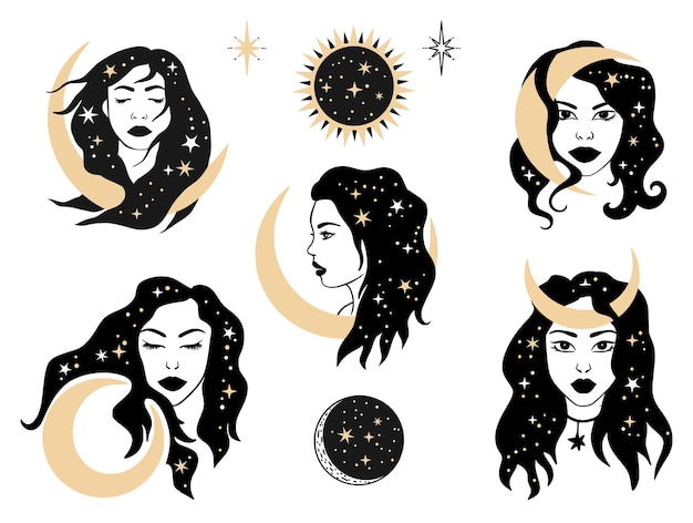 Woman moon celestial astrology boho esoteric magic print - Spiritual star tattoo. Vector illustratio