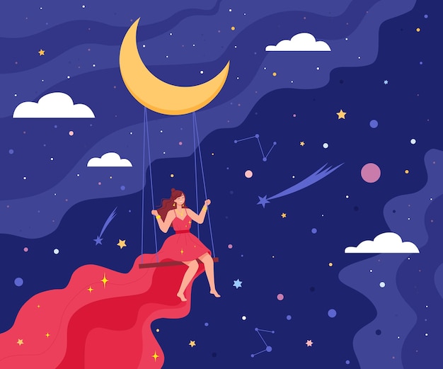 Woman on moon swing girl imagine journey in sleep dream swinging lonely dreamer surreal space flying of beautiful princess bedtime or midnight fairy night vector illustration