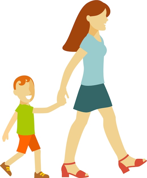 Vector woman mother with boy child holding hands and walking family walk