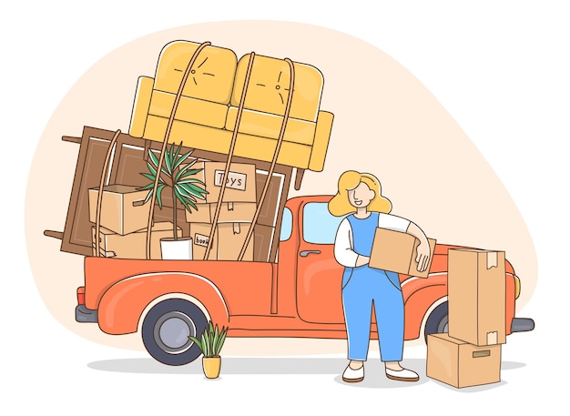 Vector woman moves into a new house transporting her belongings and furniture in a truck