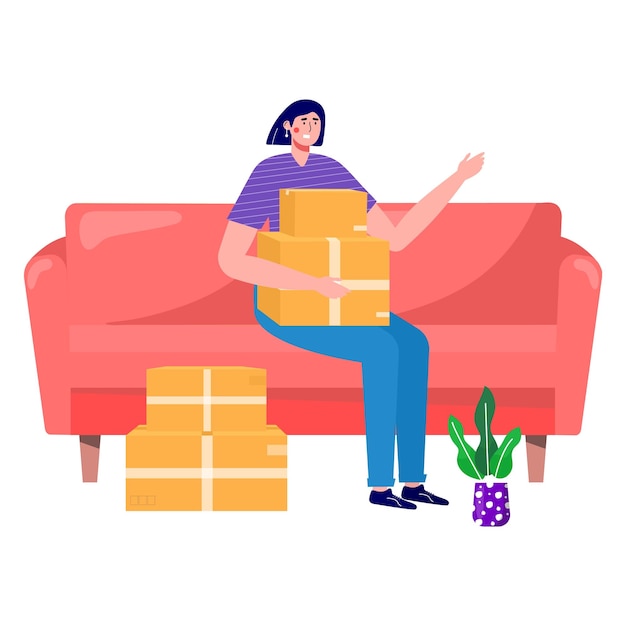 Vector woman moves new home house people moving and collect supplies in boxes person cartoon characters packing belongings young couple unpacking concept delivery relocation move box