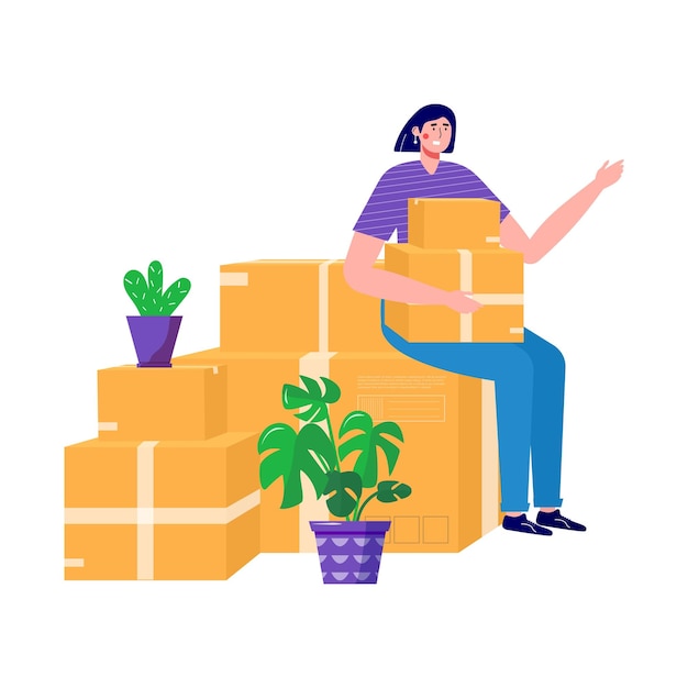 woman moves new home house people moving and collect supplies in boxes person cartoon characters packing belongings young couple unpacking concept delivery relocation move box