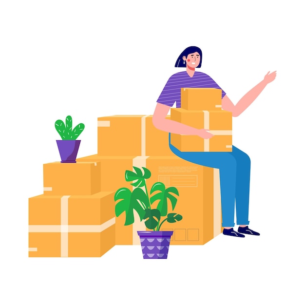 Woman moves new home house people moving and collect supplies in boxes person cartoon characters packing belongings young couple unpacking concept delivery relocation move box