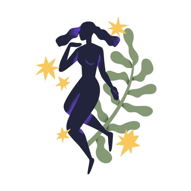 Woman muse, feminine goddess. Abstract female body silhouette, secret unknown soul. Girls spirit, plant branch and stars. Femininity concept. Flat vector illustration isolated on white background